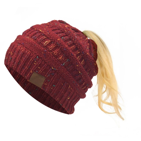Berretto Donna per Coda di Cavallo Berretto a Maglia Inverno Caldo Acrilico Uncinetto Con Toppa in Pelle Coriandoli Copricapo da Esterno