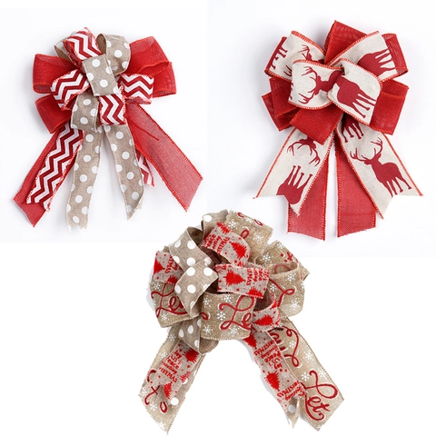 Große Weihnachtsbaumspitze Schleife Leinen Sackleinen Rentier Druck Dekoration Für Weihnachten Feiertagsfeier Rot Beige