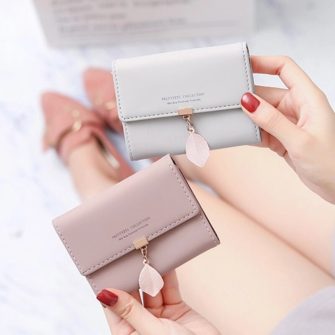 Damen Geldbörse Blattanhänger PU-Leder Multi-Slot Akkordeon Kartenetui Kleine Münztasche Süßes Kompaktes Taschenformat