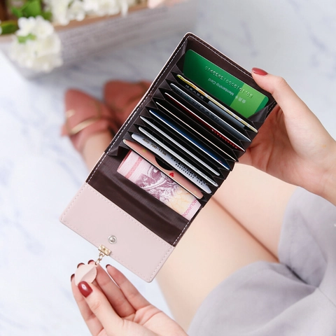 Damen Geldbörse Blattanhänger PU-Leder Multi-Slot Akkordeon Kartenetui Kleine Münztasche Süßes Kompaktes Taschenformat