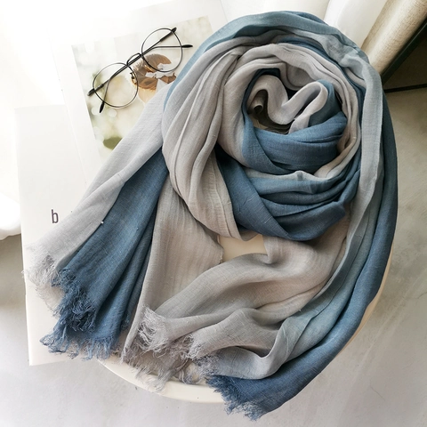 Women Lightweight Scarf Cotton Linen Shawl Breathable Sun Protection Wrap Gradient Stripes Hollow Out Frayed Edge Fashion