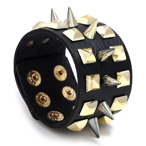 Punk Rock Wide PU Leather Bracelet With Metal Rivet Pyramid Spike Studded Adjustable Snap Button For Men Women