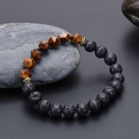 Natural Stone Beaded Bracelet Volcanic Lava Rock Tiger Eye Lapis Lazuli Handmade Healing Energy Jewelry Unisex Boho Style