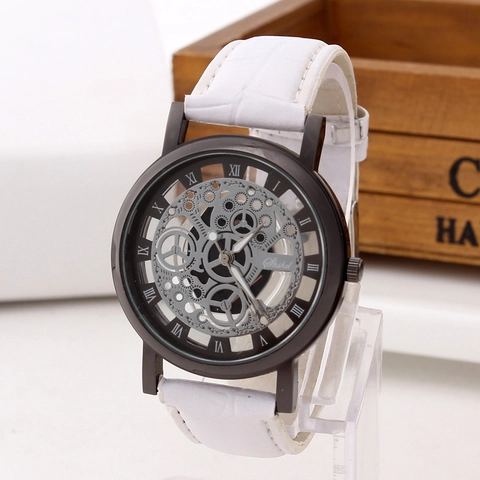 Fashion Hollow Out Skeleton Dial Quartz Watch Leather Strap Crocodile Pattern Roman Numerals Analog Business Wristwatch
