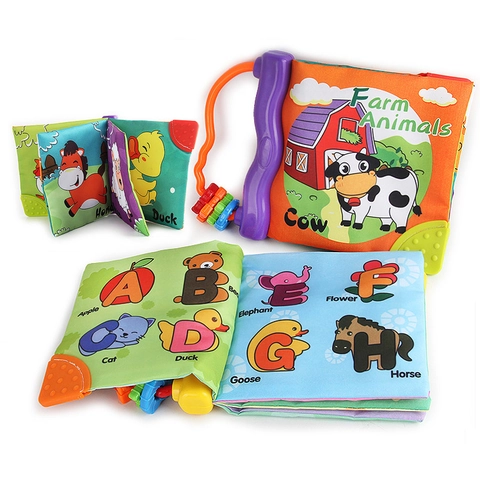 Livre En Tissu Pour Bébé Jouet Sensoriel D'activité Doux Avec Anneau De Dentition Papier Crissant Sifflet Lavable Éducatif Alphabet Animaux Fruits
