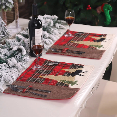 Napperon De Noël À Carreaux Toile De Jute Résistant À La Chaleur Applique Renne Arbre Poche À Couverts Décor De Fête