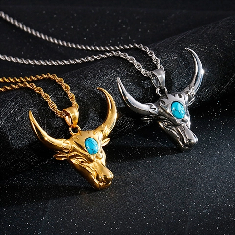 Collar Con Colgante De Cabeza De Toro Vintage De Acero Inoxidable Con Piedra Turquesa Joyería Punk Rock Para Hombres