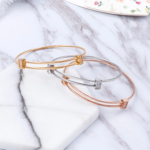 Brazalete De Acero Inoxidable Cable Paralelo Trenzado Pulsera Rígida Con Circón Rectangular Joyería Para Mujeres