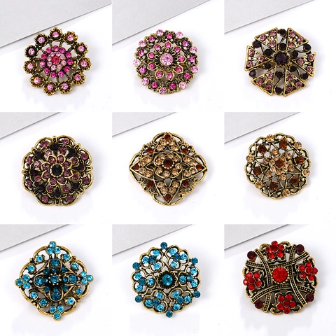 Vintage Alloy Floral Brooch Pin With Colorful Rhinestones Hollow Out Retro Style Elegant Jewelry Gift For Women