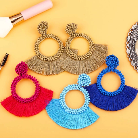 Bohemian Beaded Tassel Earrings Fan Shaped Geometric Dangle With Alloy Earring Post Vacation Beach Jewelry Women
