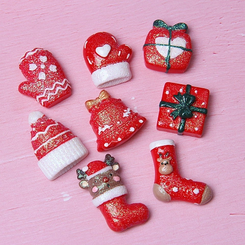 Weihnachts DIY Charms Harz Flatback Glitzer Rot Rentier Weihnachtsmütze Handschuhe Socken Für Handyhülle Haarschmuck Basteln