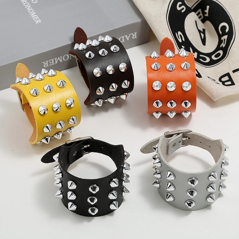 Punk Leather Bracelet Wide Cuff With Triple Row Alloy Cone Spikes Adjustable Buckle For Men Women Rock Gothic