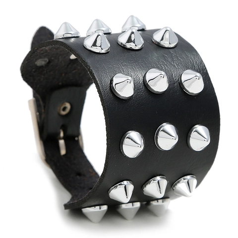 Punk Leather Bracelet Wide Cuff With Triple Row Alloy Cone Spikes Adjustable Buckle For Men Women Rock Gothic
