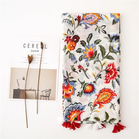Bufanda Chal Estampado Floral Poliéster Ligero Protección Solar Estilo Bohemio Étnico Borla Decorativa Mujeres Playa Viaje