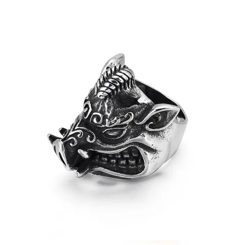 Wild Boar Head Ring Stainless Steel Gothic Punk Biker Style Animal Jewelry For Men Vintage Oxidized Finish