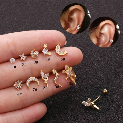 Orecchino Per Cartilagine In Acciaio Inossidabile Zircone Intarsiato Gioielli Piercing Vite Posteriore Serpente Farfalla Stella