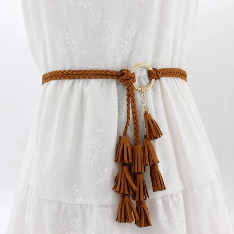 Women Braided Woven Belt Bohemian Tassel Waist Rope With Golden Alloy Ring For Dresses Versatile Fashion Accessories