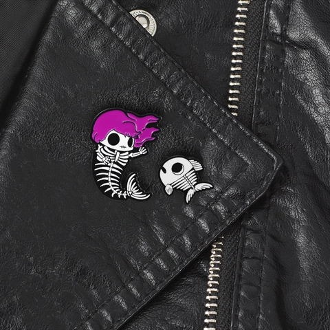 Mermaid Skeleton And Fish Bone Enamel Pins Alloy Gothic Cartoon Brooches Badges For Jacket Backpack