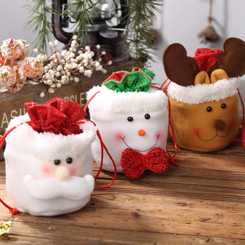 Christmas Burlap Drawstring Gift Bag Santa Claus Snowman Reindeer Pattern Holiday Candy Apple Pouch For Xmas Party Decor
