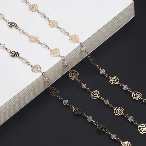 Elegant Golden Hollow Rose Flower Glasses Chain Metal Alloy With Artificial Crystal Beads Anti-Slip Sunglasses Strap