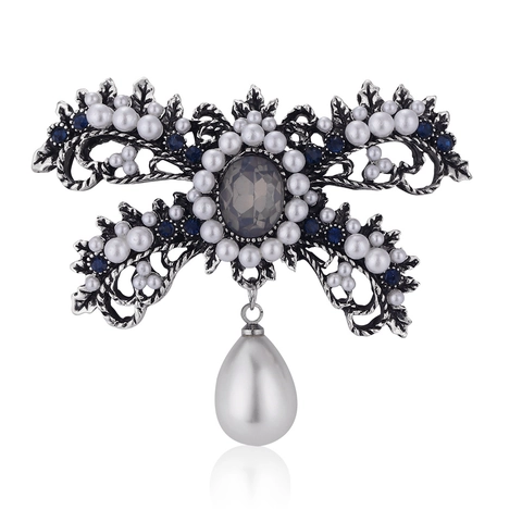 Vintage Baroque Bow Brooch For Women Alloy Rhinestone Faux Artificial Pearl Drop Pendant Victorian Style Jewelry Elegant