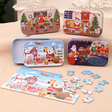Christmas Jigsaw Puzzle Wooden Fiberboard With Portable Tin Box Educational Holiday Toy Santa Claus Pattern