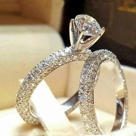 Luxury Alloy Zircon Flower Ring Set Two-Piece Silver Plated Sparkling Crystal Rings For Women Wedding Engagement Party Jewelry