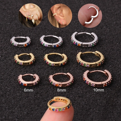 Cartilage Hoop Earrings Brass With Colorful Zircon Piercing Jewelry Helix Tragus Simple Huggie Style For Women
