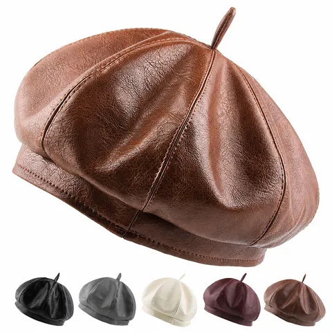 Women Vintage PU Leather Beret Hat Solid Color Soft Octagonal Newsboy Painter Cap With Inner Drawstring Autumn Winter Fashion