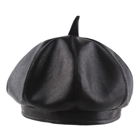 Women Vintage PU Leather Beret Hat Solid Color Soft Octagonal Newsboy Painter Cap With Inner Drawstring Autumn Winter Fashion