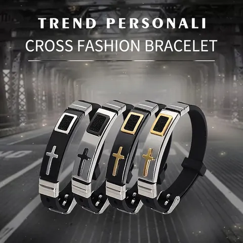 Pulsera De Cruz Para Hombres Acero Inoxidable Religioso Silicona Ajustable Joyería Punk Street Fashion Regalo