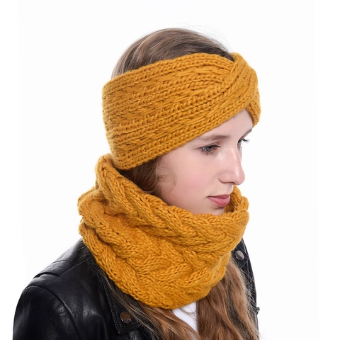 Cable Knit Headband And Neck Warmer Winter Warm Acrylic Twist Knot Headwrap Solid Color For Women