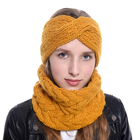 Cable Knit Headband And Neck Warmer Winter Warm Acrylic Twist Knot Headwrap Solid Color For Women