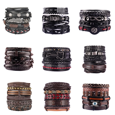 Pulseras Enrolladas Multicapa Retro Cuero De Vaca Aleación Pluma Búho Mal De Ojo Árbol De La Vida Punk Étnico Ajustable Hombres Mujeres