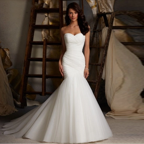 Zeemeermin Trouwjurk Wit Hartvormige Halslijn Geplooid Tule Bruidsjurk Met Sleep Elegant Formeel Voor Dames