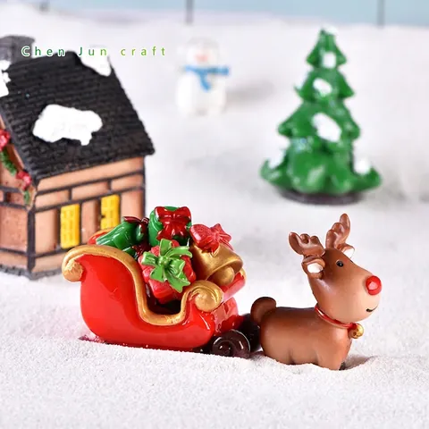 Christmas Miniature Reindeer Sleigh Train Locomotive Resin Craft Winter Snow Scene Desktop Decoration Holiday Ornaments