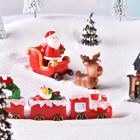 Christmas Miniature Resin Figurines Reindeer Santa Sleigh Train For Micro Landscape Desktop Holiday Home Decoration