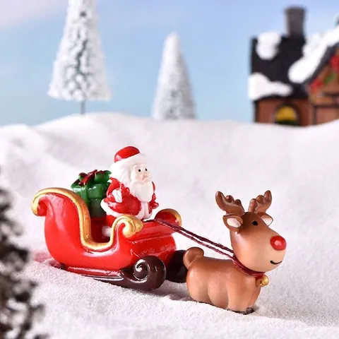 Christmas Miniature Resin Figurines Reindeer Santa Sleigh Train For Micro Landscape Desktop Holiday Home Decoration