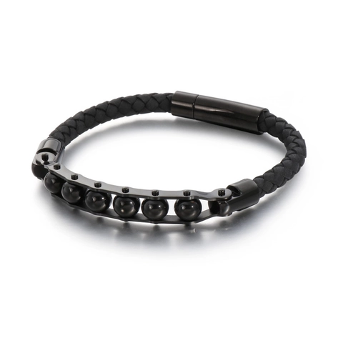 Bracciale In Pelle Intrecciata Da Uomo Con Perle In Acciaio Inossidabile Chiusura Magnetica Stile Punk Gioielli