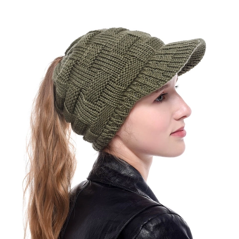 Knitted Ponytail Visor Beanie Hat For Women Acrylic Cable Knit Winter Warm Outdoor Short Brim Hat