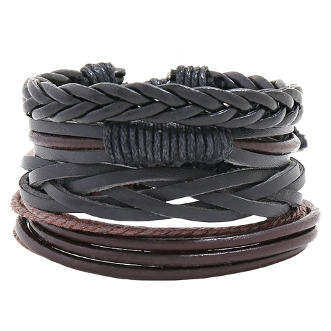 Multi Layer Woven Bracelets Cowhide PU Leather Hemp Rope Wax Cord Adjustable Vintage Punk Casual Retro Men