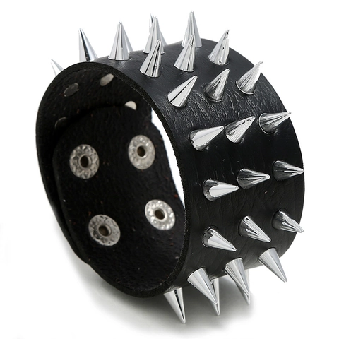 Bracciale Largo In Pelle PU Punk Rock Con Punte In Metallo Chiusura Con Bottone A Pressione Per Uomini