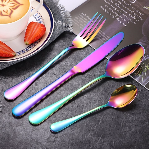 Edelstahl Besteck Messer Gabel Hauptlöffel Teelöffel Spiegelpoliert Farbig PVD Beschichtung Besteck Für Elegantes Essen