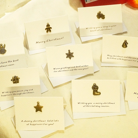 Mini Christmas Greeting Cards Vintage Bronze Metal Charm Folding Specialty Paper Cards Envelopes Holiday Blessing Retro Design