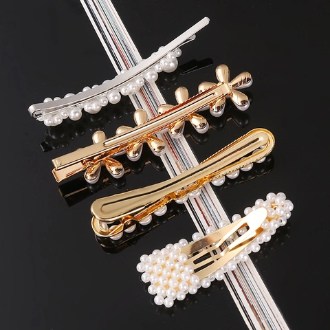 Artificial Pearl Hair Clips Handmade Beaded Bow Heart Geometric Snap Alloy Barrette Elegant Headwear Accessories For Women Girls