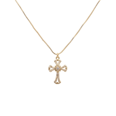 Copper Cross Pendant Necklace With Zircon Micro Pave Box Chain Religious Fashion Jewelry For Women Elegant Accessory