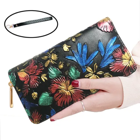Women Long Wallet 3D Embossed Floral Rose Butterfly PU Leather Zipper Clutch Bag Wrist Strap Phone Holder Vintage
