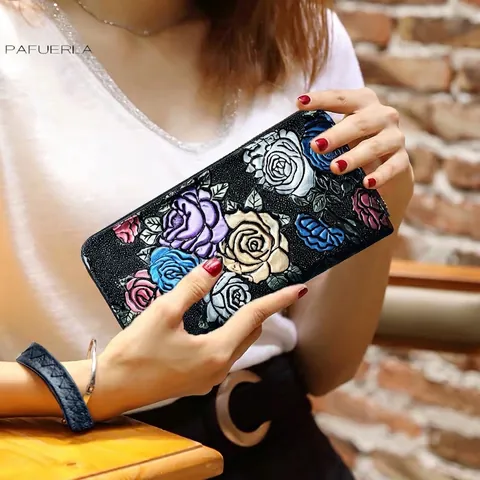 Women Long Wallet 3D Embossed Floral Rose Butterfly PU Leather Zipper Clutch Bag Wrist Strap Phone Holder Vintage