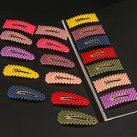 Korean Style Sweet Colorful Matte Beads Hair Clips For Women Girls Rectangular Water Drop Shape Snap BB Clips Metal Base