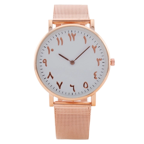 Women Quartz Watch Milanese Stainless Steel Mesh Strap Eastern Arabic Numerals Fashion Simple Analog Wristwatch